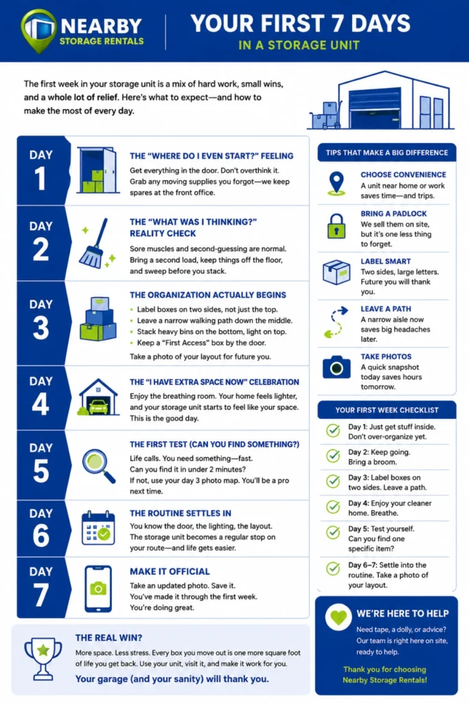 First Week Using a Storage Unit: What to Expect (2026) 1 First Week Using a Storage Unit What to Expect Infographic