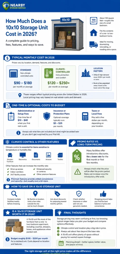 How Much Does a 10x10 Storage Unit Cost Today? (2026) 1 How Much Does a 10x10 Storage Unit Cost Today Infographic