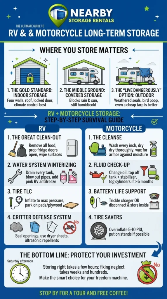 How to Store Your RV and Motorcycle the Right Way? (2026) 1 How to Store Your RV and Motorcycle the Right Way Infographic