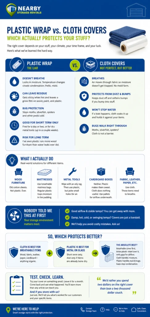 Plastic Wrap vs Cloth Covers: Storage Truth Explained (2026) 1 Plastic Wrap vs Cloth Covers Storage Truth Explained Infographic