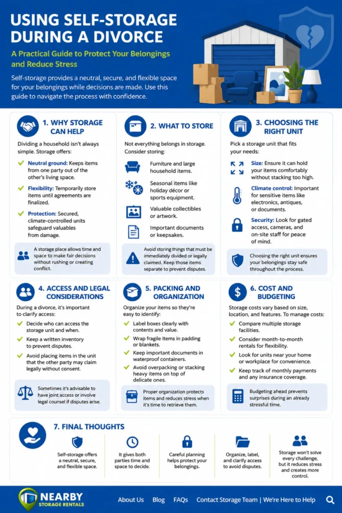 Self-Storage During Divorce: A Practical Guide (2026) 1 Self-Storage During Divorce A Practical Guide Infographic