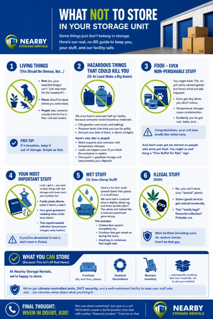 Storage Unit Safety What Not to Store Inside Infographic