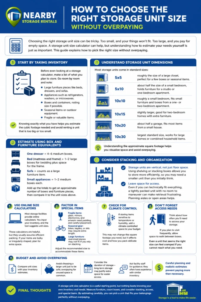 Storage Unit Size Calculator: Avoid Overpaying Tips (2026) 1 Storage Unit Size Calculator Avoid Overpaying Tips Infographic
