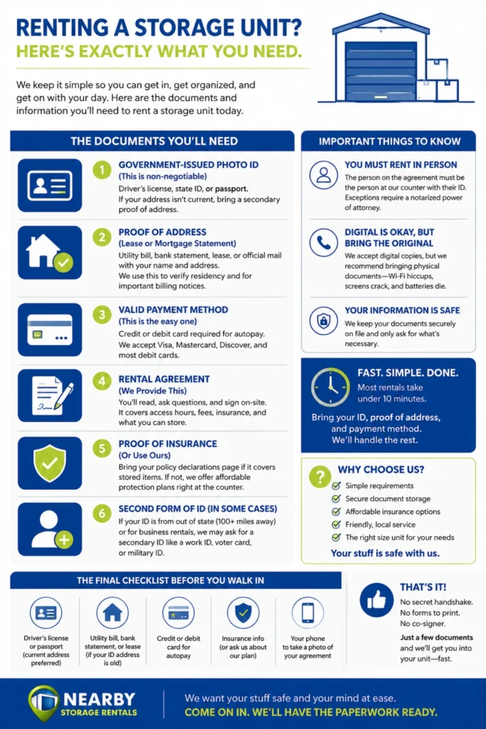 What Documents Are Required for Storage Unit Rental? (2026) 1 What Documents Are Required for Storage Unit Rental Infographic