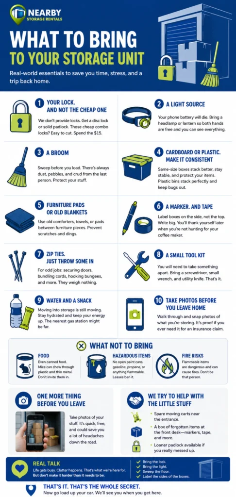 What to Bring to a Storage Unit: Complete Checklist (2026) 1 What to Bring to a Storage Unit Complete Checklist Infographic