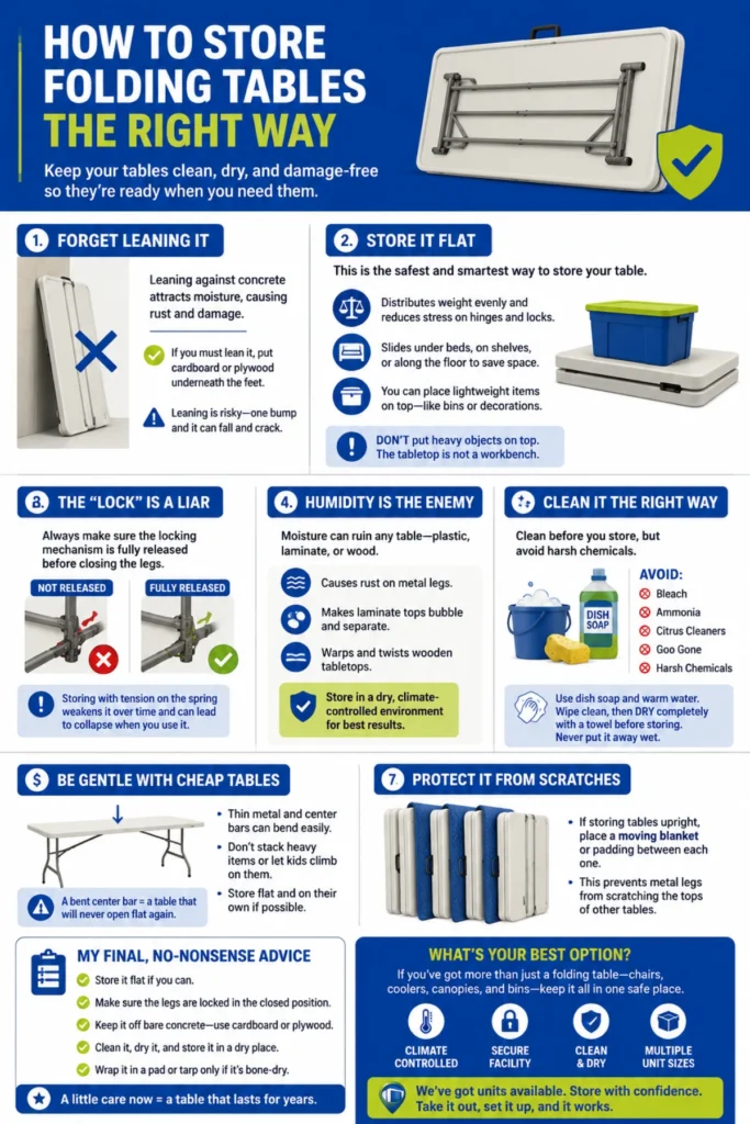 Folding Table Storage Guide Avoid Rust & Warping Infographic