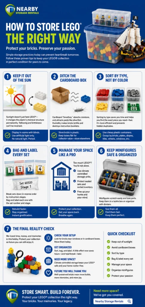 LEGO Storage Tips to Prevent Yellowing and Damage Infographic