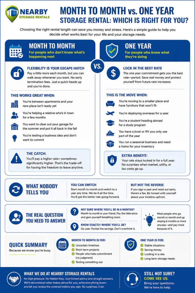 Month-to-Month vs Yearly Storage: Which Saves More? (2026) 1 Month-to-Month vs Yearly Storage Which Saves More Infographic