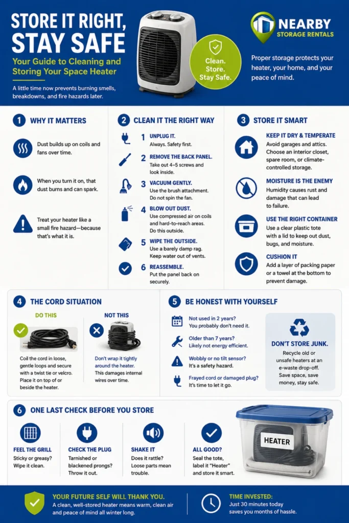 Space Heater Storage Tips to Prevent Fire Hazards (2026) 1 Space Heater Storage Tips to Prevent Fire Hazards Infographic
